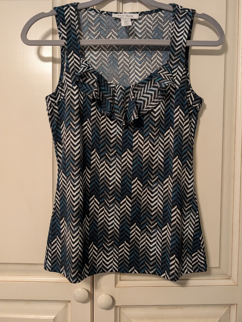 White House Black Market Blue, Black & White Chevron Ruffle Neck Sleeveless Top